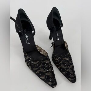 St John Italian Pumps Pointed Toe Kitten Heels Black Lace Sparkle Women's 8.5